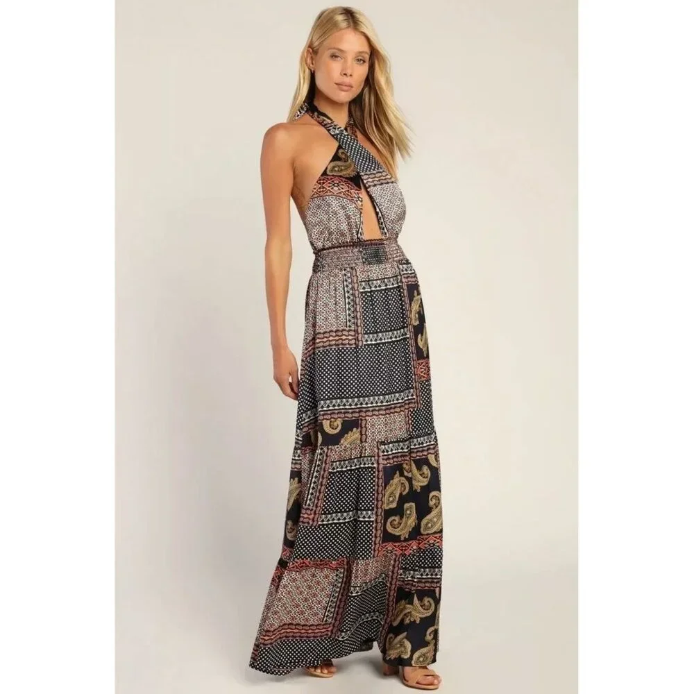 Lulus Trendy Travels Halter Maxi Dress Navy Blue Multi Patchwork Scarf Print S